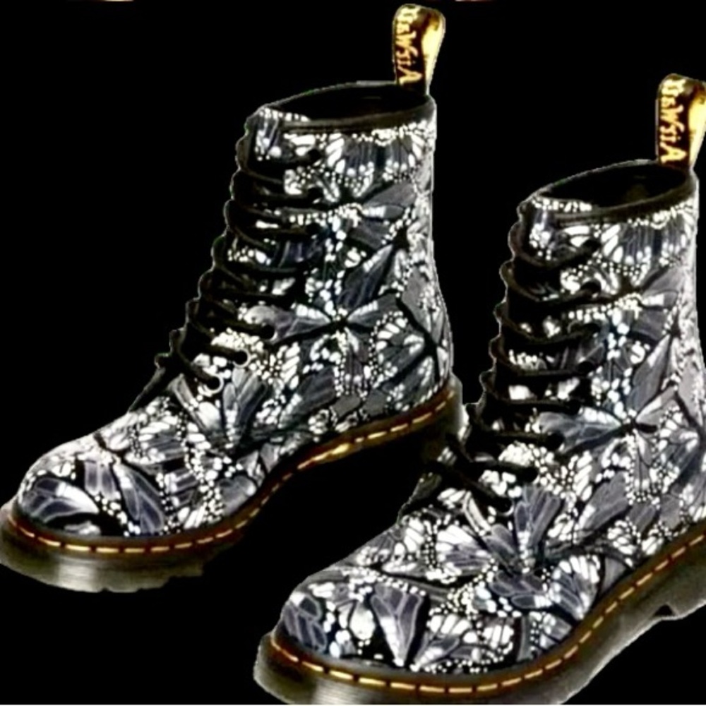 Dr. Martens Black & Blue Butterfly-Wings-Combat Boots